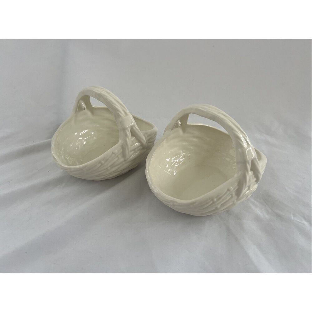 Ilka Ceramic Woven Basket Set Of 2 Bisque Vintage Holiday‎ Dish Candy